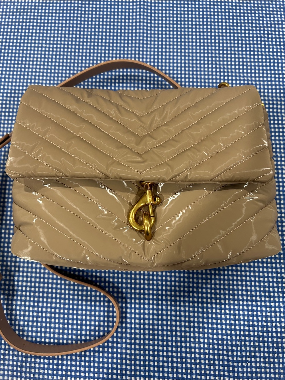 Rebecca Minkoff Taupe Edie Quilted Nylon Crossbody Bag with Gold Hardware